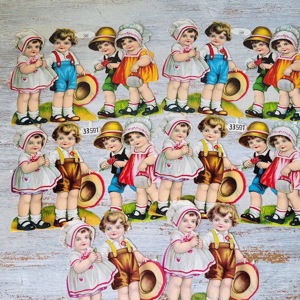 10 pc Vintage Children Die Cut Scraps Sheets Boy & Girl Couples