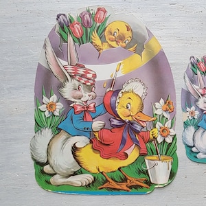 Decoraciones de Pascua de cartón troquelado vintage: conejitos, pollitos y huevos