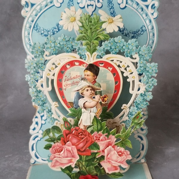 Antique German 8 1/2" Fold Out Valentine Card Boys Roses Forget-me-nots