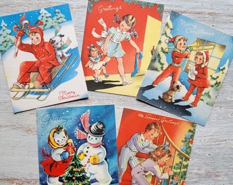 5 Vintage Children's Christmas Greeting Cards Used and Unused