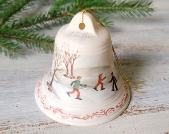 Vintage Hand Painted Bell Signed Stauffer Winter Scene Ice Skating