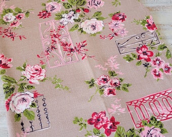 Vintage Barkcloth Fabric Tan Pink Red Roses 100" L x 33" W