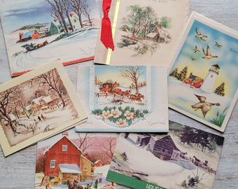 7 Vintage 1930's-40's Cottages Carriages Barn Ducks Christmas Cards