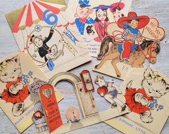 6 Vintage Children's Valentine & Birthday Cards Cat Cowboy Monkey