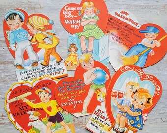 6 Vintage Children's Valentine Cards Carrington Airplane Playing Cards Janitor Ice