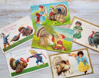 6 Antique Children with Turkey Thanksgiving Postcards Chromo Gold