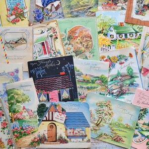 24 Vintage Greeting Cards Cottages Flowers Lot 1940's
