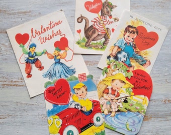 5 Vintage Children's Valentine Cards Boys Fishing Car Yarn Dolls Gibson