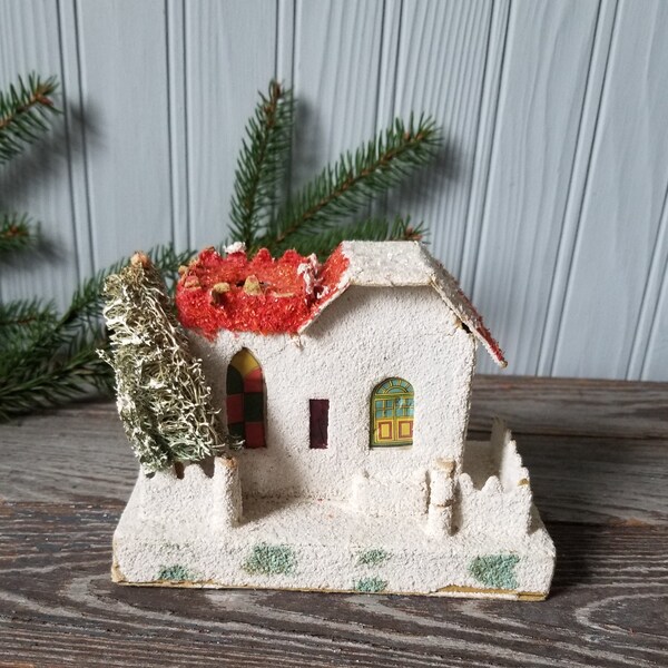 Vintage Putz Cardboard Christmas House with Coconut Glitter Japan