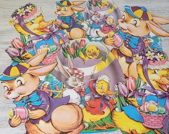 7 Vintage Die Cut Cardboard Easter Decorations Bunnies Chicks Eggs 12"