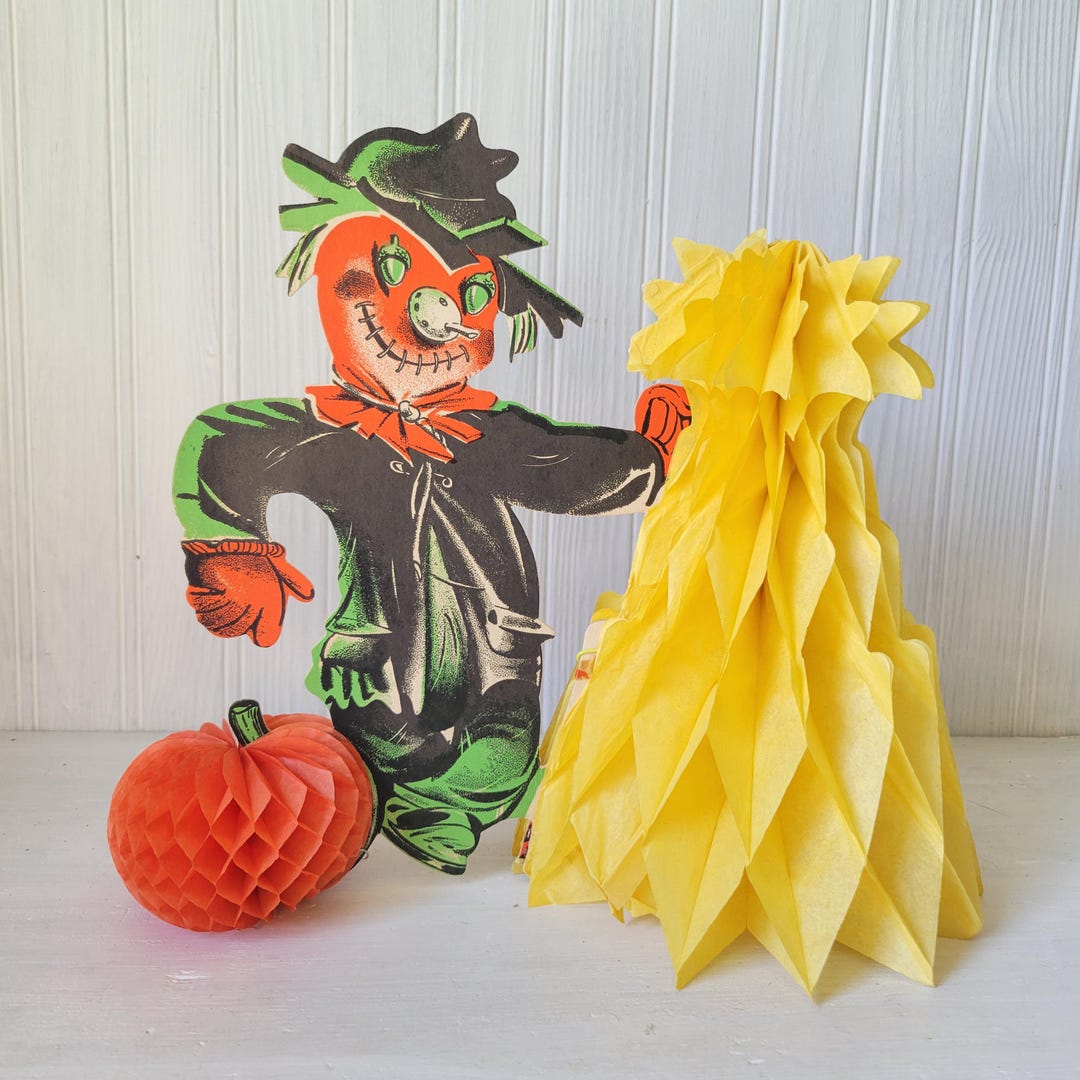 Vintage Halloween Scarecrow Die Cut Decoration Honeycomb Haystack ...