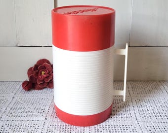 Thermos vintage Aladdin Hy-Lo - Thermos retrò anni '70 rosso e crema a bocca larga da pinta con manico - Decorazione retrò per cucina e campeggio