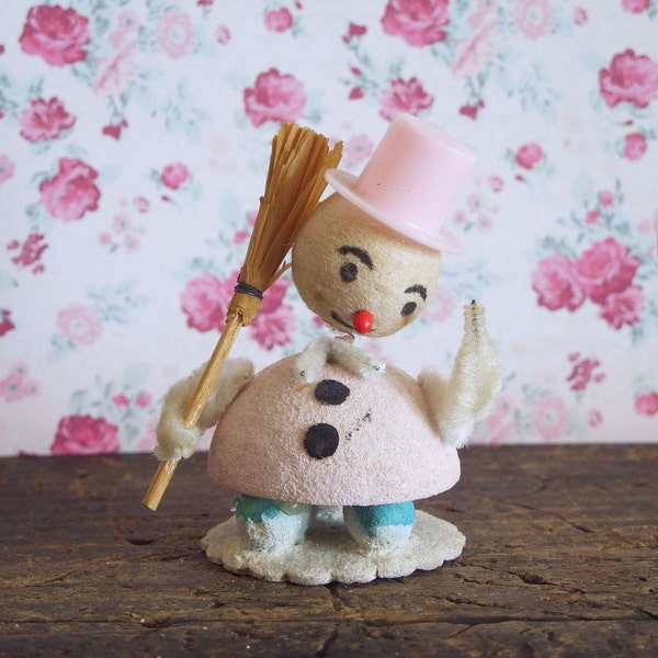Vintage Pink Bobblehead Spun Cotton Snowman Ornament Japan