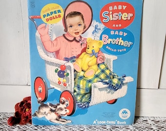 Muñecas de papel recortadas vintage de hermanita y hermano con ropa, juguetes Merrill 1948