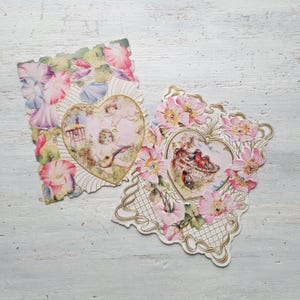 2 cartes de Saint-Valentin en relief victoriennes antiques Amours oiseaux fleurs 5"