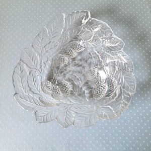 Vintage Clear Glass Triangle Shaped Candy Dish with Raspberry Design
