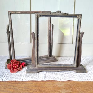 Pair of Antique Art Deco Wood Tabletop Swivel Photo Frames - 1920s/1930s Swinging Tilt Picture Frames - Distressed Silver/Gray Finish