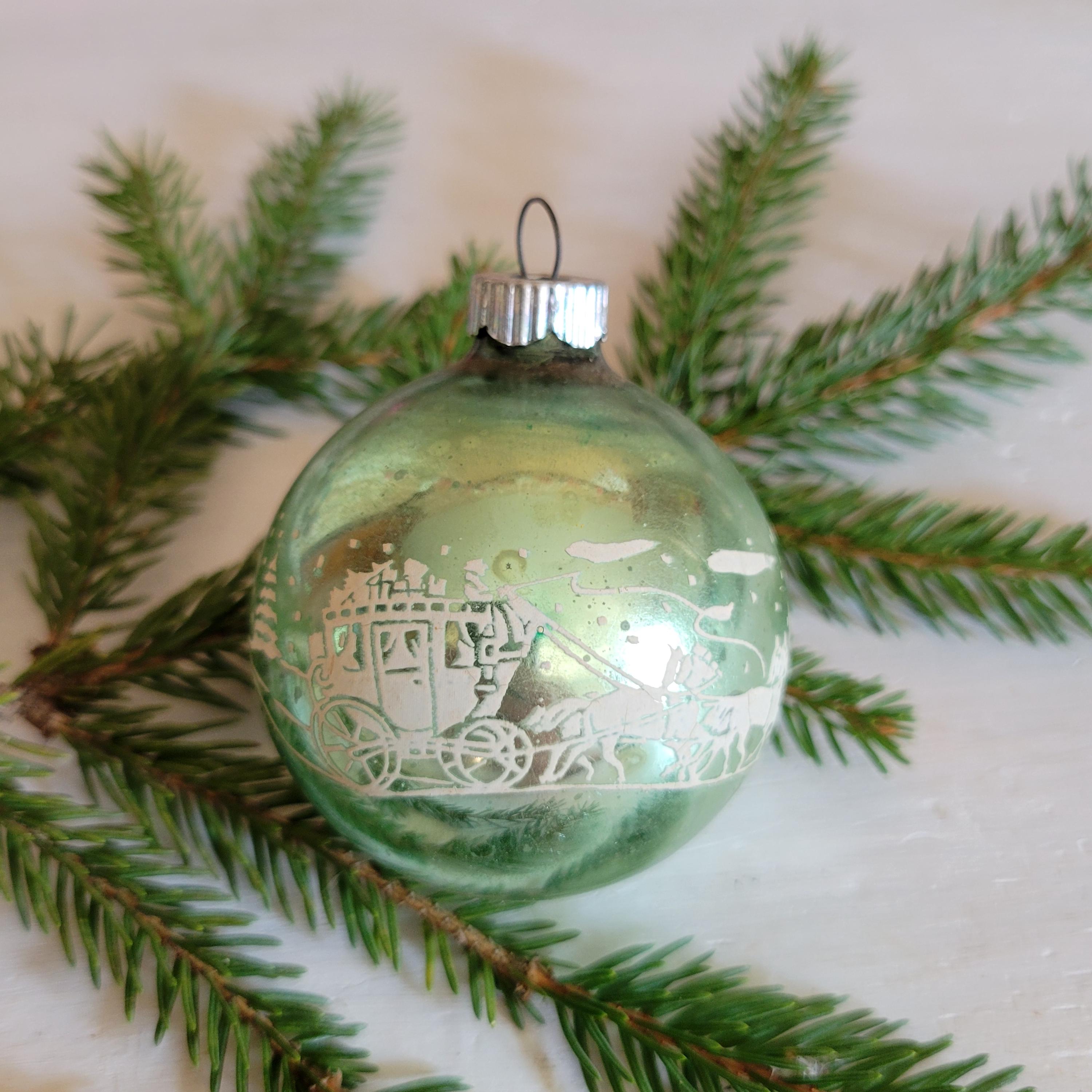 Vintage Pale Green Merry Christmas Stenciled Shiny Brite Ornament