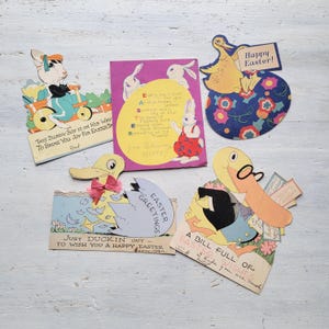 5 Cartões de Páscoa Vintage Pastéis 1930 Patos Coelhos Pintinhos Art Déco