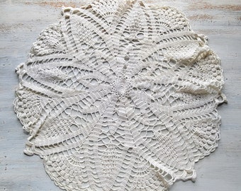 Vintage Off-White Hand Crocheted Ruffled Doily 21" Diam.