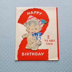 Vintage Flocked 3-D Kitten 2 Year Old Birthday Greeting Card