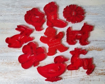 9 Vintage Red Plastic Holiday Cookie Cutters Christmas Gingerbread Man