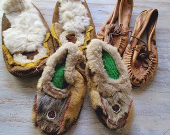 3 Pair Fur Moccasins Alaska Slippers Shoes Beaded Man Woman Child