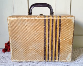 Vintage 1940s Striped Tweed Suitcase - Mid Century Travel Case with Brown Stripes - Vintage Home Decor Photography Prop