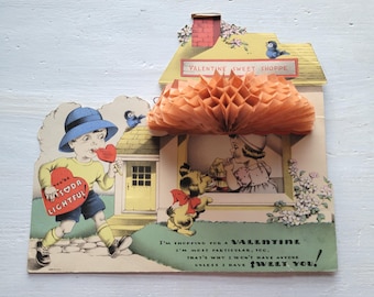 Biglietto di San Valentino per bambini con motivo a nido d'ape e dolciumi in stile vintage.