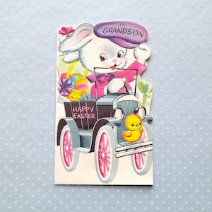 Vintage 1958 voiture antique lapin poussin carte de voeux de Pâques Greetings Inc.