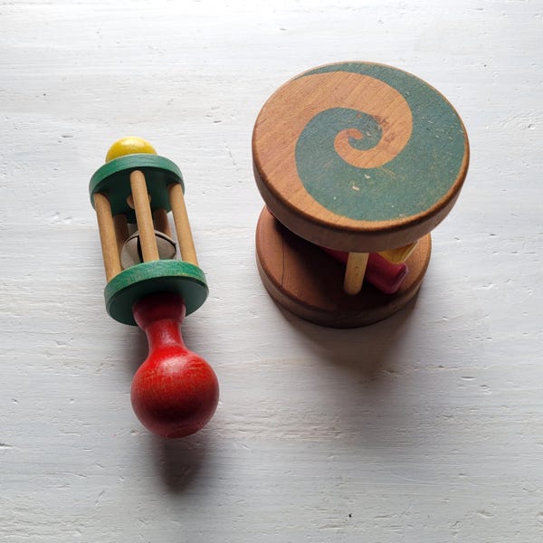 2 Vintage Wooden Baby Toys Jingle Bell Rattle Learning Colors Lot