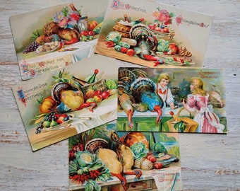 5 Antique Thanksgiving Postcards Turkey Harvest Children Lot