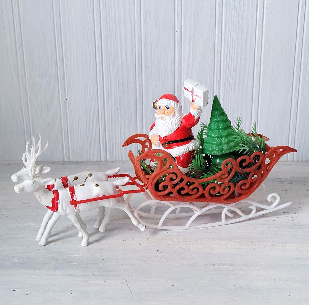 Vintage 1960's Blow Mold Plastic Christmas Santa Claus Sleigh Reindeer ...