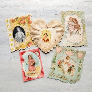 5 Antique Victorian Embossed Valentine Cards Ruffled Stand Up Children Scraps