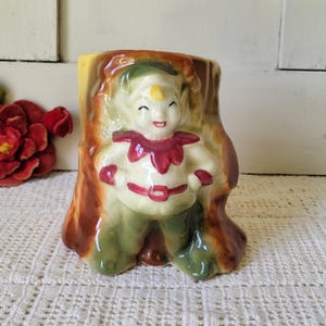 Vintage Elf with Tree Stump - Pottery Vase - Indoor Planter