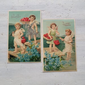 Antiguas postales de San Valentín de 1908 con cupidos, corazones y flores en relieve de Alemania