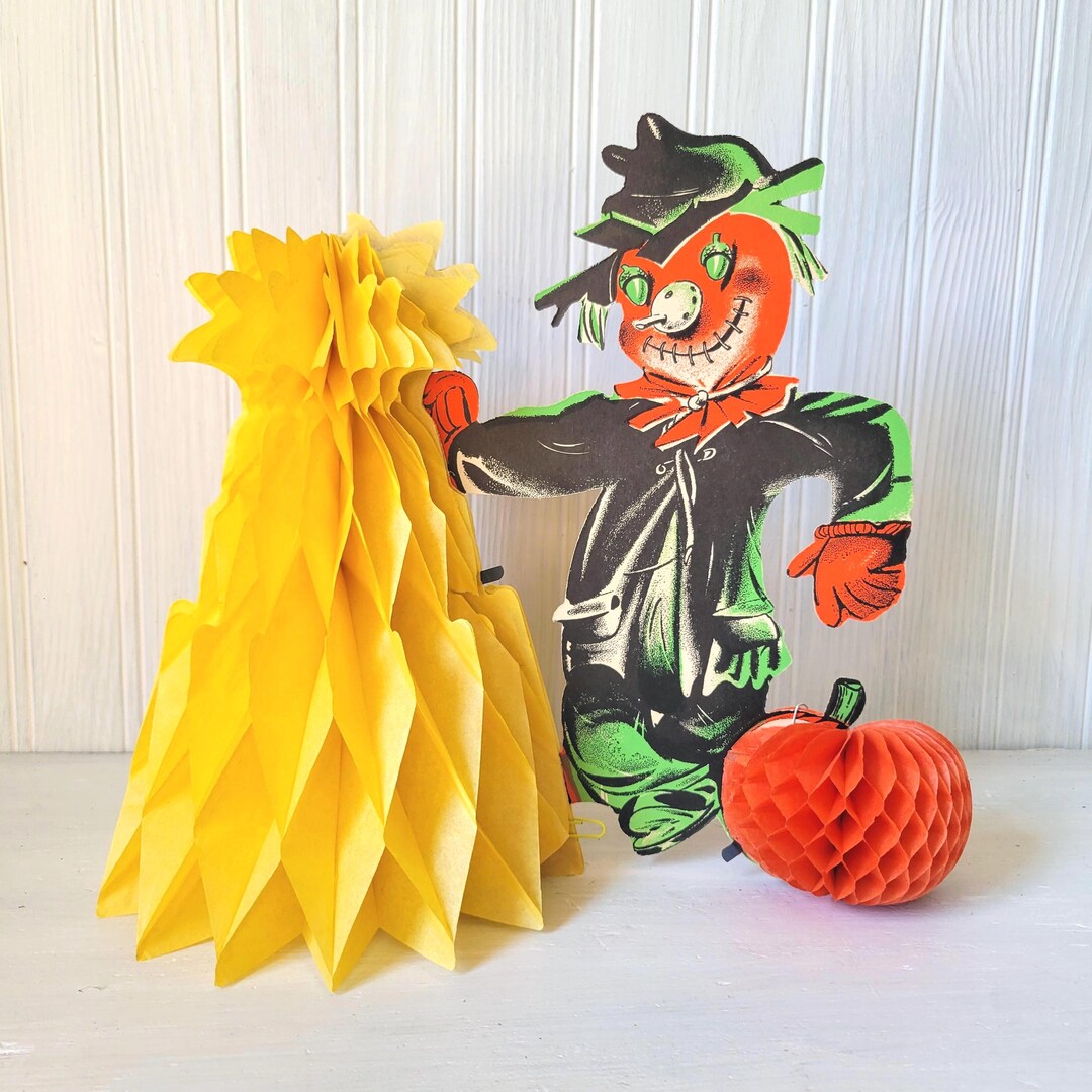 Vintage Halloween Scarecrow Die Cut Decoration Honeycomb Haystack 1950 ...
