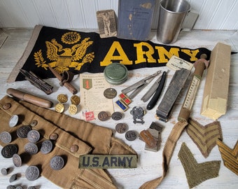 Huge Lot WWI Military Army Vintage Buttons Postcard Banner Pins +