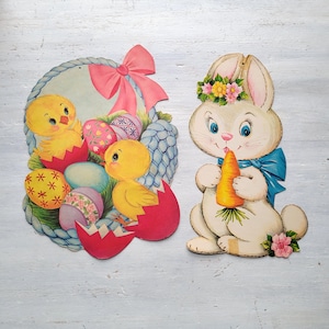 Vintage gestanste kartonnen paasdecoraties Bunny Chicks Duck