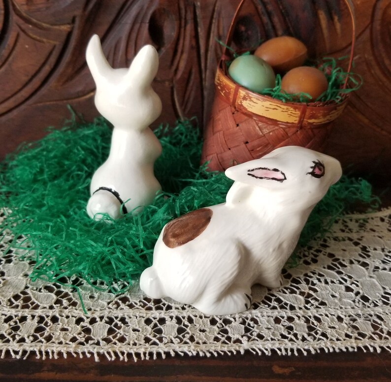 2 Vintage Ceramic Easter Bunny Rabbits Figurines Hand Painted Etsy