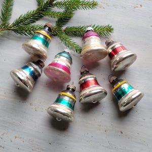 8 Vintage Shiny Brite Striped Bells Christmas Ornaments 2"
