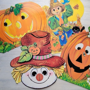 Lote de 4 decoraciones vintage de Halloween de cartón troquelado, diseño de espantapájaros de JOL