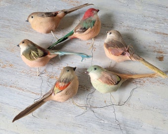 Vintage Spun Cotton Birds with Feathers for Crafting