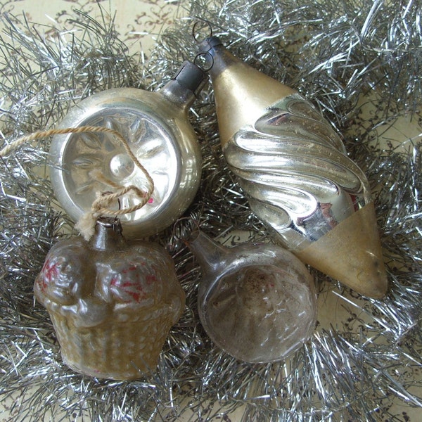 Antique Swirl Indent Basket Mercury Glass Christmas Ornaments