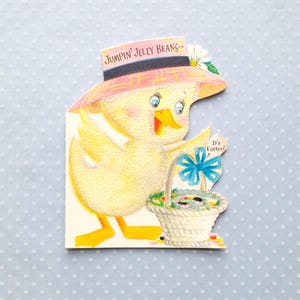 Vintage 1961 Jumpin' Jelly Beans Flocked Chick biglietto di auguri di Pasqua Hallmark