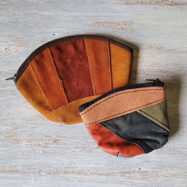 2 Vintage Suede Leather Patchwork Change Purses Mod Lot