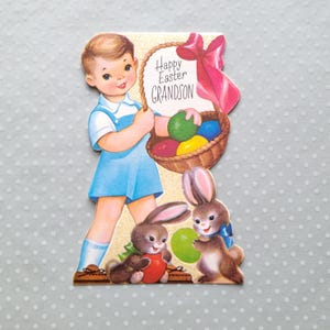 Vintage 1958 garçon petit-fils lapin lapins carte de voeux de Pâques artisanat rouillé