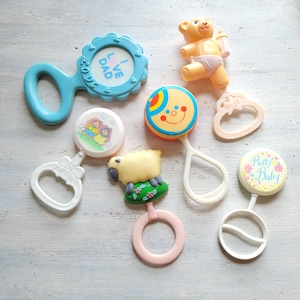 6 Vintage Plastic Baby Rattle Toys