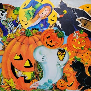 Lote de 8 decoraciones de Halloween de cartón troquelado vintage JOL, espantapájaros, fantasmas y brujas