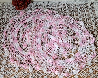 2 Vintage Pink & White Round Hand Crocheted Doilies Lot - Shabby Chic Cottagecore Decor